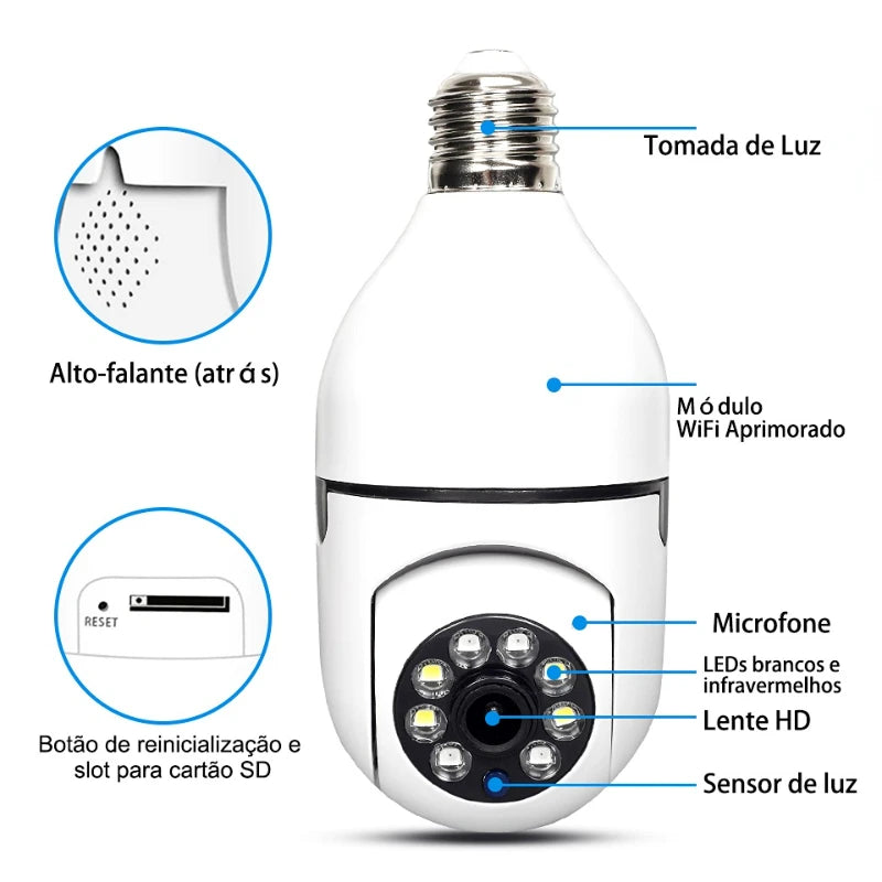 Câmera Wi-FI IP Giratória 360 Graus com Encaixe no Bocal da Lâmpada